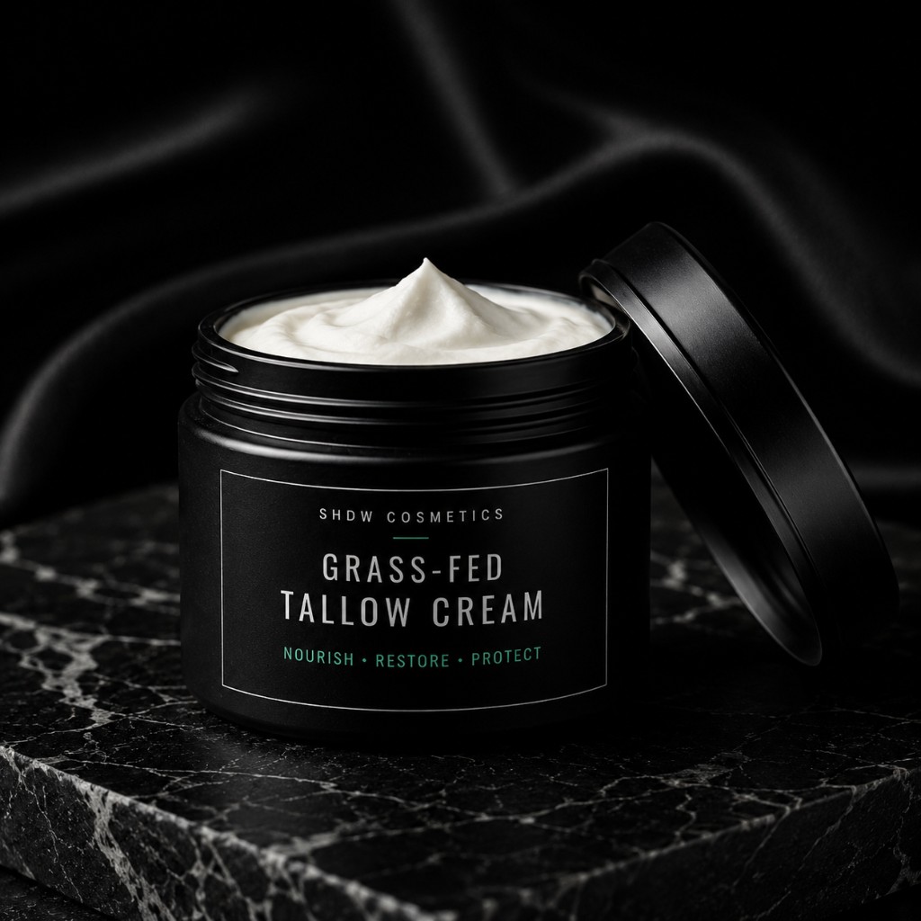 SHDW Cosmetics grass-fed tallow cream jar on marble